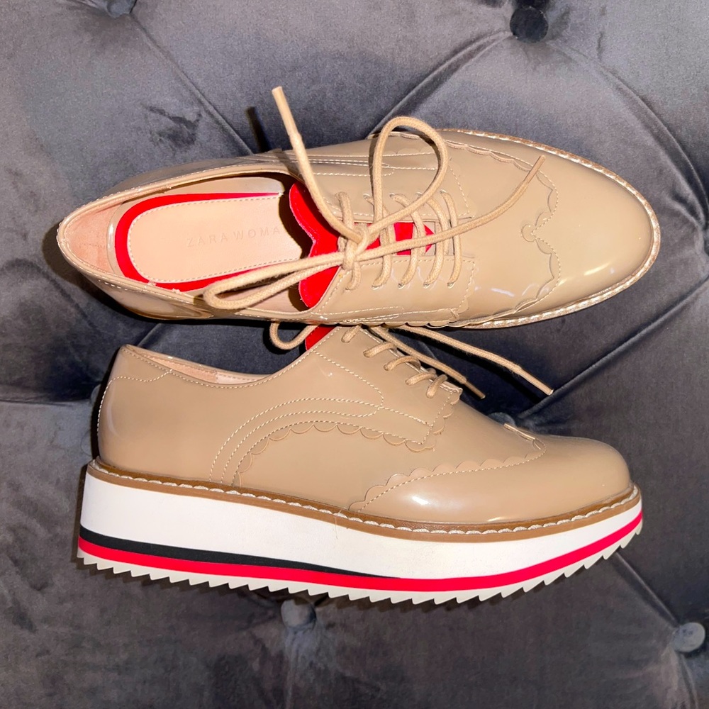 Zara shoes platform tie moccasins loafers size 35 nude with red accents 👞 ♥️